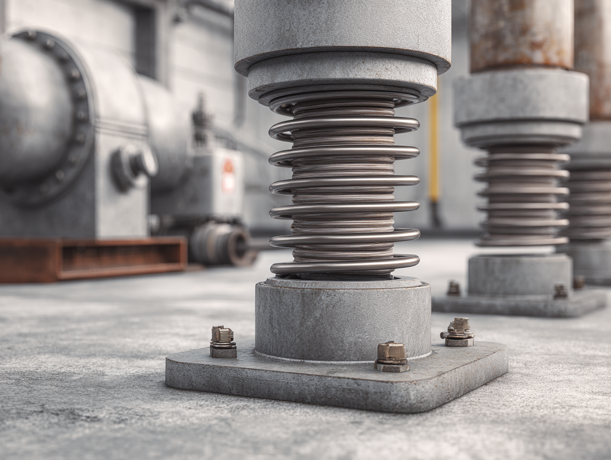 Close-up of industrial spring vibration isolation mounts on a concrete floor